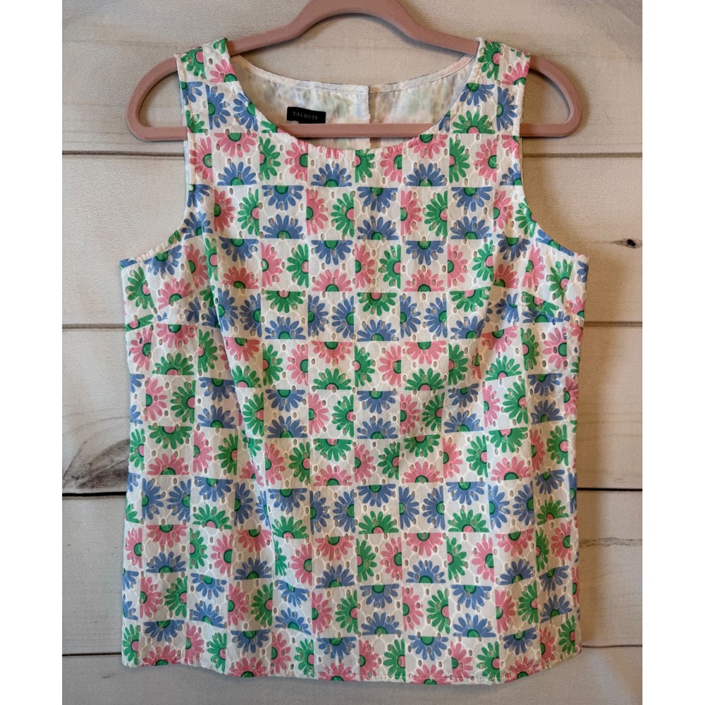 Talbots Womens Small Floral Eyelet Sleeveless Top Multi Color Button Back Cotton